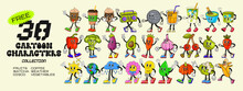 Big Set Retro Cartoon Stickers With Funny Comic Characters, Gloved Hands. Modern Illustration With Cute Comics Characters. Hand Drawn Doodles Of Comic Characters. Set In Modern Cartoon Style