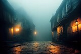 Fototapeta Uliczki - Dark and scary medieval street with lanterns fog, dusk, digital art