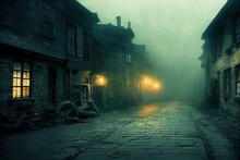Dark And Scary Medieval Street With Lanterns Fog, Dusk, Digital Art