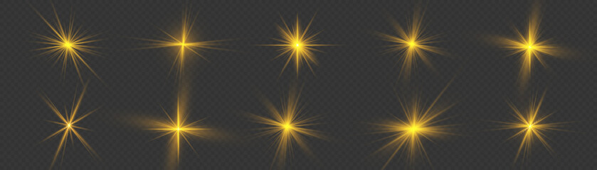 Wall Mural - Golden light flare effect with stars, sparkles and glitter. Yellow glowing lights explodes on transparent background. Shiny glow star with stardust, gold lens flare. Sun flash with rays. Vector.