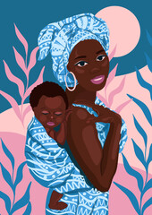 Wall Mural - Ethnic background with african woman, mother and child vector poster