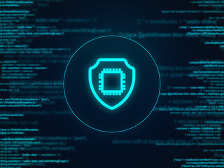 Shield icon with code lines. Internet security.