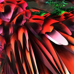 Wall Mural - Abstract red background. 3d illustration, 3d rendering. Red and green bird feather imitation.