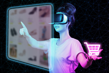 A young woman in VR glasses choice clothes at internet shop point at digital screen, holding neon virtual cart. Dark background. The concept of virtual reality, metaverse and online shopping