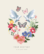 Destiny Slogan With Colorful Flowers Bouquet And Butterflies Vector Illustration