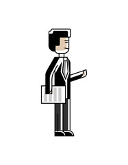 Sticker - Asian businessman in business suit standing with document in hand. Corporate business people isolated vector illustration in linear style.