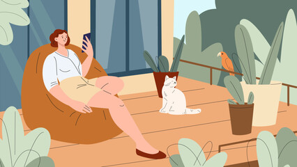 Poster - Woman rest in terrace or green balcony with cat and parrot. Home garden interior, remote work or video call. Girl with smartphone on vacation, vector scene