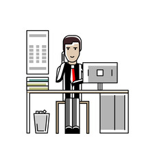 Sticker - European businessman talking on phone at office desk with computer. Corporate business people isolated vector illustration in linear style.