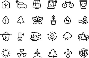 Sticker - Eco environment icons. World forests protection nature caring electrical green energy line symbols, global bio plant management signs