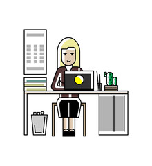 Wall Mural - Blonde secretary working at laptop in office. Corporate business people isolated vector illustration in linear style.