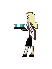 Wall Mural - Blonde secretary with coffee cups in hand. Corporate business people isolated vector illustration in linear style.