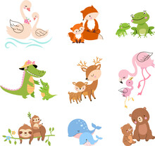Cartoon Cubs And Mother Animals. Mother Elephant Koala, Wild Cute Baby. Animal And Pets, Funny Family Bird In Love. Mom Bear And Swan Nowaday Vector Characters
