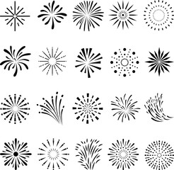 Wall Mural - Flat fireworks black clipart. Exploding firework, celebration simple circle festive icons. New year carnival, anniversary or graduate graphic neoteric elements