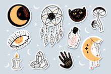 Witchcraft Magic Tarot Mystic Esoteric Witch Stickers Decor Doodle Outline Sketch Design Element Abstract Line Art Set