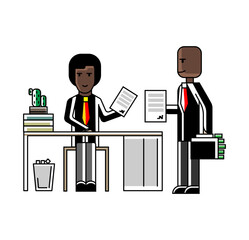 Wall Mural - African businessmen contract conclusion in office. Corporate business people isolated vector illustration in linear style.