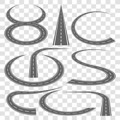 Set of curved highway tracks with markings isolated on transparent background. Asphalt road in perspective vector illustration. Direction and transportation traffic design elements.