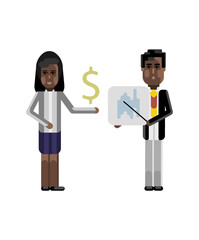 Wall Mural - African businessman showing financial diagram and black businesswoman with dollar sign in hand isolated vector illustration.