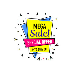 Mega sale sticker in trendy linear style. Retail marketing, new advertising campaign, holiday shopping vector illustration.