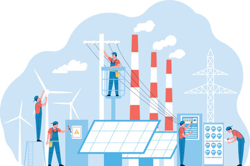 Team electricity energy maintenance, technician engineer working with solar panels and power objects. Generate energy equipment, recent service man vector characters