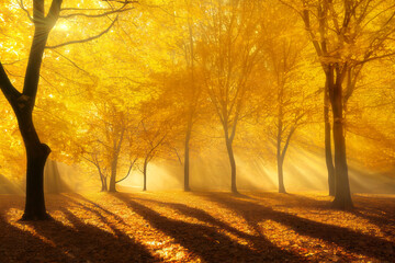 Wall Mural - evening in autumn park, golden trees, dramatic long shadows and sun beams. generative ai illustratio