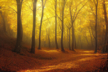 Wall Mural - yellow trees in autumn forest, sunny day, trail covered with fallen leaves. generative ai illustrati