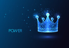 Futuristic Crown Symbol In Glowing Low Polygonal Style On Dark Blue Background.