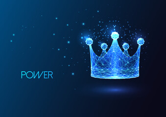 Futuristic Crown symbol in glowing low polygonal style on dark blue background.