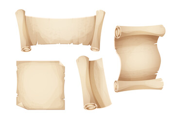 Wall Mural - set ancient old parchment paper, scroll, page empty medieval letter in cartoon style isolated on whi