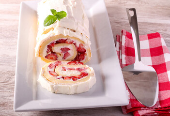 Wall Mural - Strawberry and cream roll cake, sliced