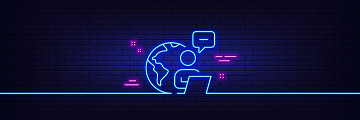 Neon light glow effect. Outsource work line icon. Freelance job sign. Remote employee symbol. 3d line neon glow icon. Brick wall banner. Outsource work outline. Vector