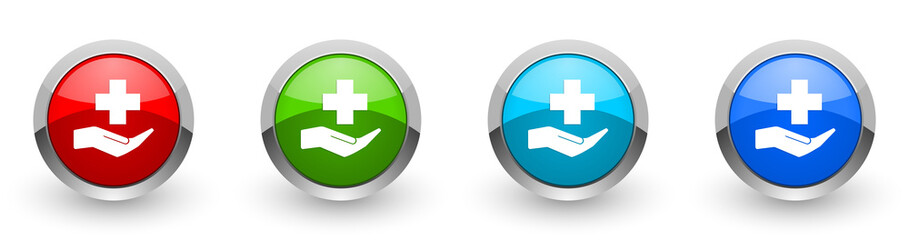 Fototapete - Hospital, medical help web icons, set of silver metallic round buttons isolated on white background