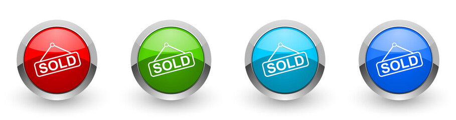 Poster - Sold web icons, set of silver metallic round buttons isolated on white background
