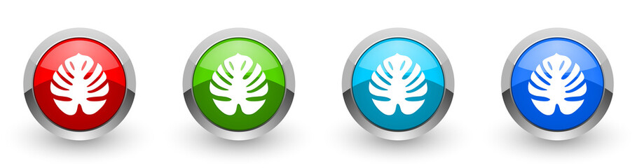 Leinwandbilder - Tropical plant web icons, set of silver metallic round buttons isolated on white background