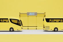 Stop To Wait For The Bus. Yellow Buses Next To The Bus Stop On A Yellow Background. 3D Render