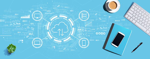 Cloud computing with a computer keyboard and office items