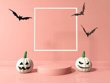 Halloween Theme With Pumpkin Ghosts And Bats In Front Of The Square Frame - 3D Render