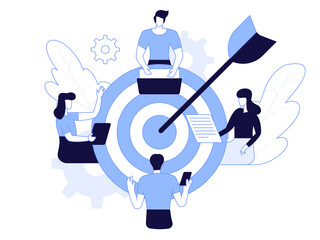 Vector illustration, workers are sitting at the negotiating table in Target or Goal sign Vector collective thinking and brainstorming, company information analytics