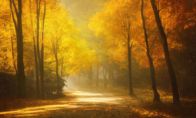 Wall Mural - alley turn in an autumn park, spots of light, sun rays shining through golden foliage. generative ai