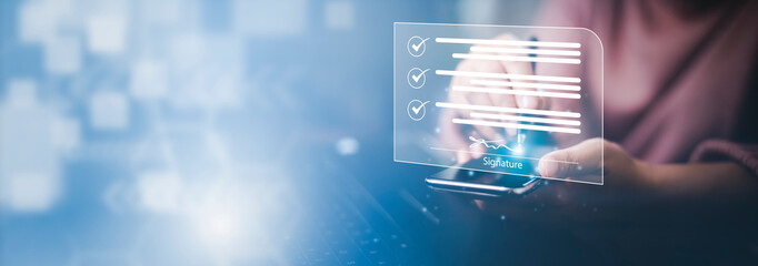 Signing electronic documents on digital documents Online, businessman with contract Electronic signature, e-signing, digital document management, paperless office, signing business contract concept,