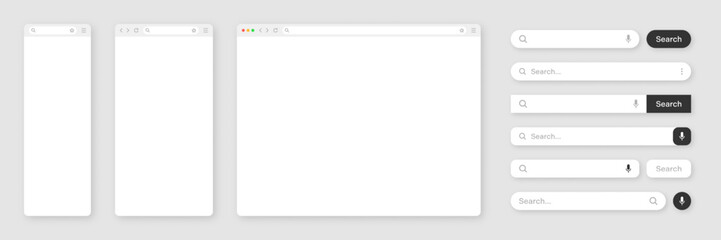 Blank internet browser window with various search bar templates. Web site engine with search box, address bar and text field. UI design, website interface elements. Vector illustration