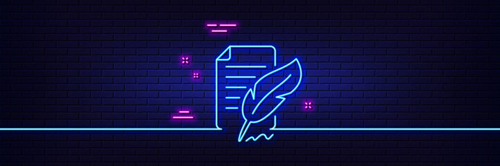 Sticker - Neon light glow effect. Feather signature line icon. Copywriting sign. Feedback symbol. 3d line neon glow icon. Brick wall banner. Feather signature outline. Vector