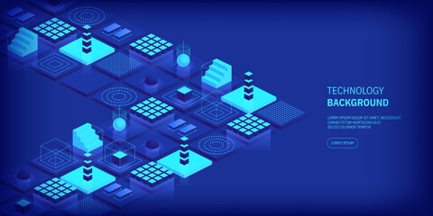 Technologies background concept. Abstract futuristic cubes design and different geometric shapes. Digital innovation and artificial intelligence. Blockchain tech. Vector illustration in isometric view