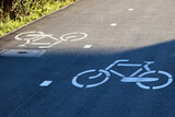 Fototapeta Fototapety miasta na ścianę - Ścieżka dla rowerów w mieście ze znakami poziomymi.  Rower. 