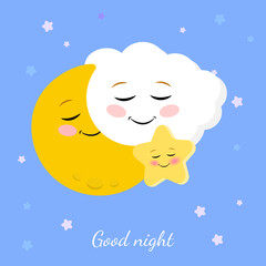 Wall Mural - Vector illustration of cute sleeping cloud, moon and star. Scandinavian nursery print design.