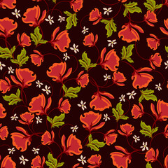 Wall Mural - Stylish seamless pattern with  of plants similar to peony, carnation, poppy petals. Red, orange, bright green, maroon colors.  Vector illustration. Modern textile, branding, packaging