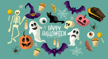 A Collection Of Trick Or Treat Halloween Event Characters And Objects With Ghosts, Pumpkins And Sweets.