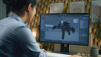 Wall Mural - female 3d designer creating 3d model of gun and making graphic using software for modeling 3d projec