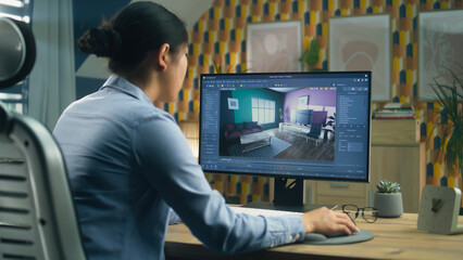 Wall Mural - female designer working remotely from home office and making 3d visualization of house interior in c