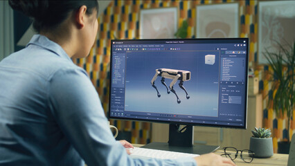 Wall Mural - asian woman working on pc in 3d modeling program remotely from home office and creating 3d prototype