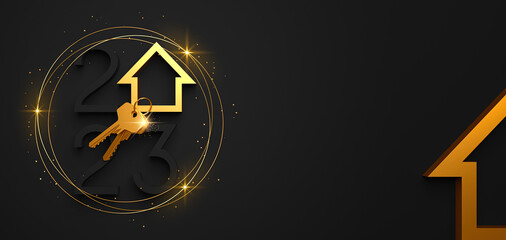 creative 2023 new year design template with golden keys and an abstract house symbol. 3d render illu